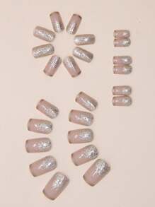 24 piezas de uñas postizas con efecto degradado de brillo - forma cuadrada de longitud media - acabado brillante de colores mixtos - Sistema de uñas postizas fácil de aplicar y quitar - estilo dulce, elegante y lujoso - pegatinas de uñas removibles para fiestas, festivales, uso diario - incluye gel jelly y lima de uñas