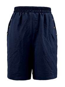 Plus Size Women Button Embellished Solid Color Casual Shorts - Navy Blue - View 3