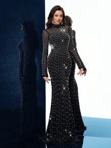 QOQ 闪亮华丽黑色热钻水钻立领美人鱼下摆长袖礼服，适合晚会、晚宴、生日派对（大量装饰）、正式场合、婚礼宾客 - 黑色 - 查看 4