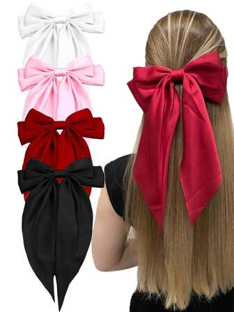 4个大号缎面蝴蝶结发夹，长尾设计，优雅独特，法式风格发饰，适合日常佩戴、节日、情人节，也可作为礼物、户外装饰、发夹、爪子、文具或发饰使用。