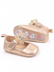 1 par de zapatitos de bebé, diseño lindo de lazo de dibujos animados, apropiado para interiores y exteriores con suela antideslizante para aprender a caminar, zapatos planos y suaves para bebés. - Dorado - Ver 4
