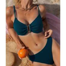 Swim Modern Women's Elegant Spaghetti Strap Bikini Set With Solid Color Strap Texture For Summer Beach