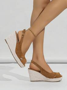 Women's 2025 Fashionable Solid Color Beach Straw Travel Versatile Wedge Platform Open Toe Sandals - Brown - View 4