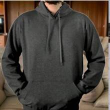 Men's Sweatshirts Plain Flannel Kangaroo Top Cold Hooded - Dark Grey - View 2
