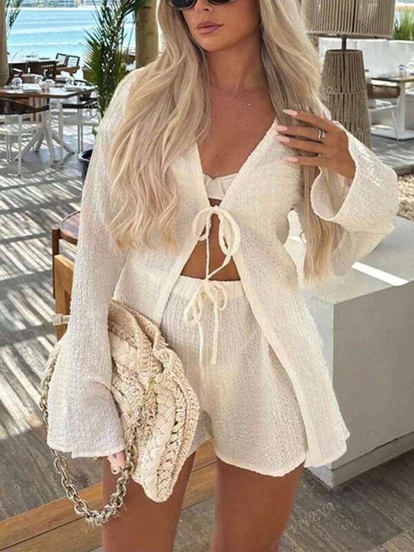Plus Size Women Spring/Summer Fashion Casual Vacation 2 Pieces Set, Textured Fabric Tie-Up Design Flared Sleeve Top And Straight Shorts, Beach Holiday & Home Wear