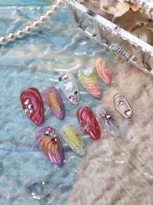 Get Romantic With 10pcs Almond Handmade Summer Beach Coral Pink Miss Mermaid Boho Princess Fake Nail Set Vanity Colorful Star Gradient Yellow 3d Three-Dimensional Decoration Mermaid Pearl Y2K European Style Full Cover Acrylic Press On Nails Kit For Women And Girls With 1pc Mini Nail File & 1 Sheet Adhesive Tabs