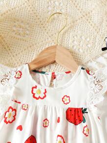 Baby Summer Cute Strawberry Flower Pattern Lace Little Cap Sleeve Princess Dress - White - View 3