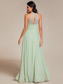 EVERPRETTY Spaghetti Strap V Neck Applique Wrap Waist Halter Bridesmaid Dress