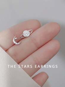 1 Pair 925 Sterling Silver Asymmetric Moon & Star Stud Earrings, Unique Personalized Design Small Earrings, Suitable For Party Events, Holiday Gifts