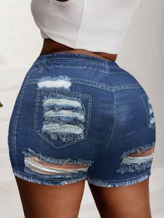 大码高弹力紧身破洞牛仔效果休闲运动短裤