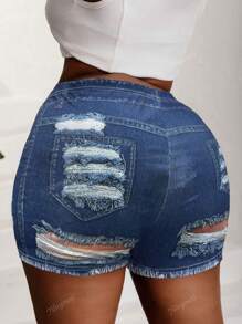 Plus Size High Stretch Skinny Distressed Denim Effect Casual Sports Shorts