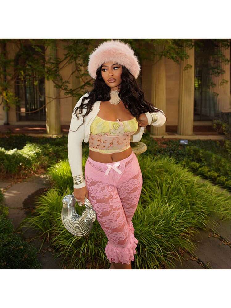 Women Cropped Lace Capri Pants Sexy See Through Lace Floral