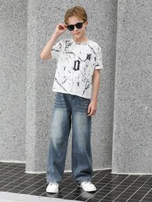 Pantalones vaqueros azules de moda casual y cómodos para adolescentes, adecuados para uso diario y vuelta al colegio, lavado vintage de alta calle con efecto desgastado | Pierna recta ajustada | Pantalones vaqueros con caída