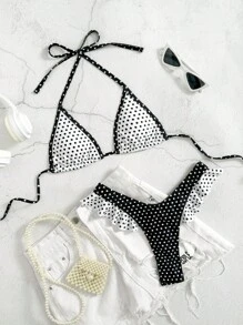 Spice 女士泳装性感比基尼沙滩装，复古别针印花可爱三角比基尼沙滩装，适合度假女孩 - 黑與白 - 查看 2