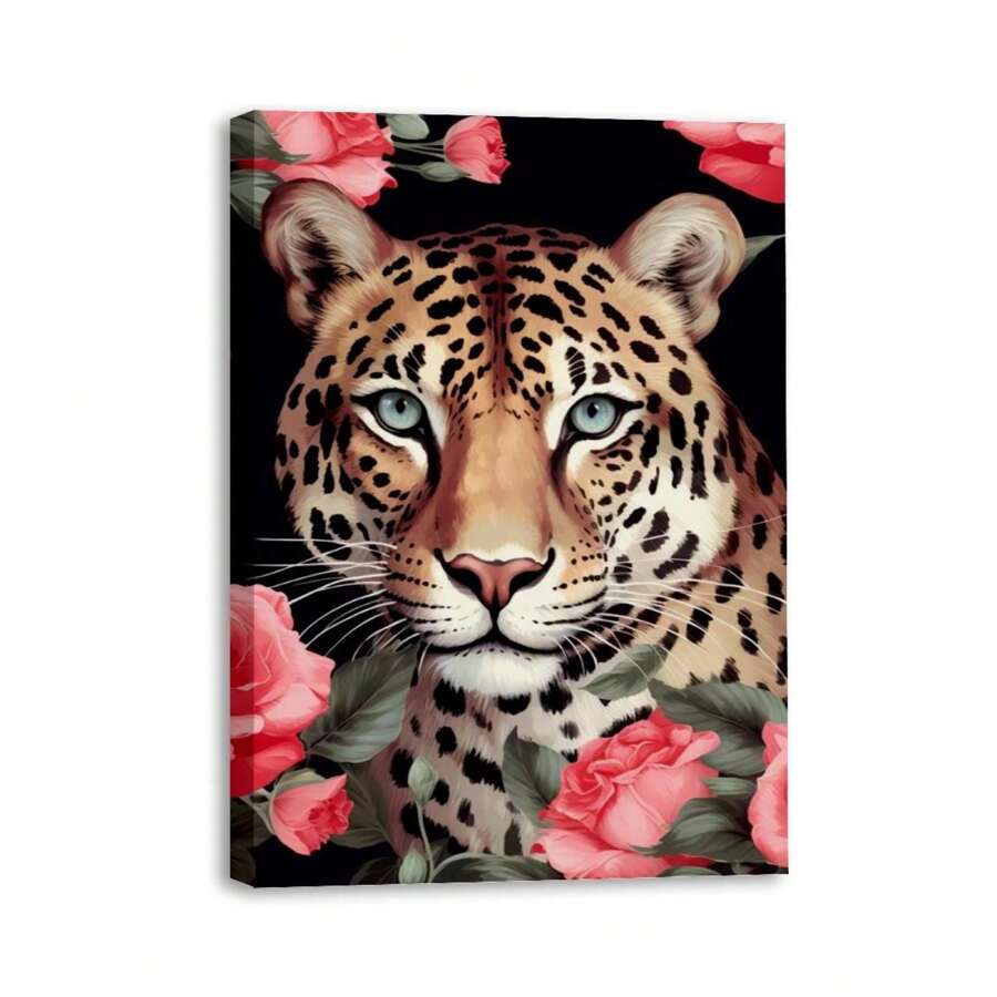 1 Piece Home Wall Decor Framed Canvas Rose Leopard Animals Pattern Canvas Wall Art Paintings For Living Room - Canvas Framed Print Wall Artworks Bedroom Decoration Office Wall Decor