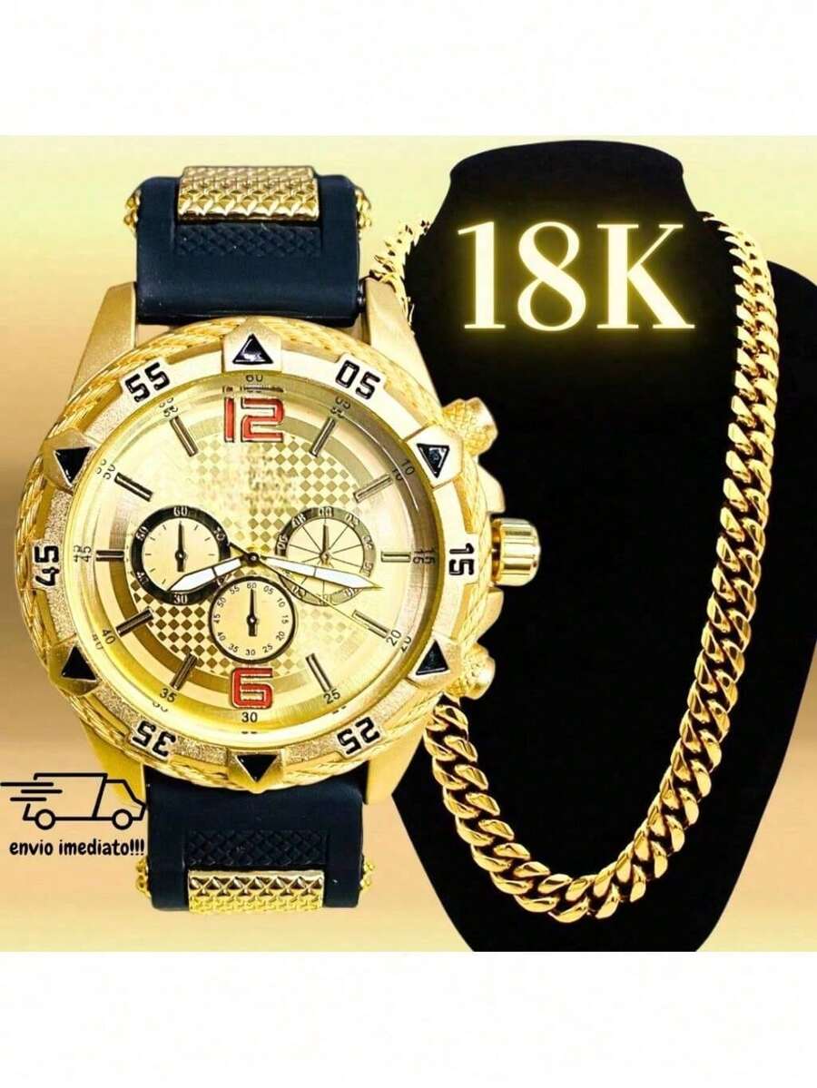 Kit Relógio Masculino Dourado + Corrente Banhada Grossa 18K
