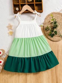 Girl's Sleeveless Contrast Color Flared Dress, Princess Spaghetti Strap Beach Dress For Summer - Green - View 1