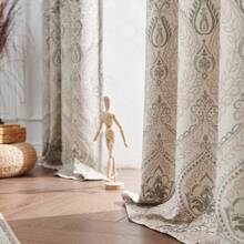 2 Pcs Imitation Linen Green Pattern Printed Blackout Curtains Bohemian Geometric Pattern Home Window Decoration Damask Pattern Window Treatments Vintage Curtain Panels - 茶色 - 查看 1