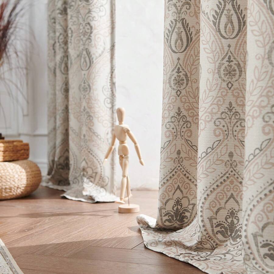 2 Pcs Imitation Linen Green Pattern Printed Blackout Curtains Bohemian Geometric Pattern Home Window Decoration Damask Pattern Window Treatments Vintage Curtain Panels - 茶色 - 查看 1