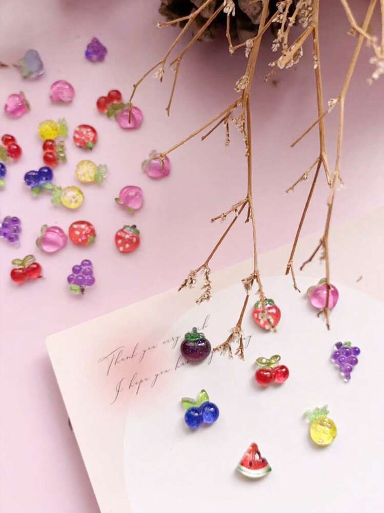 30/100pcs Spring/Summer Mini Fruit Shaped Nail Art Decorations, Korean/Japanese DIY Style, Including Cherry, Strawberry, Banana, Pineapple And More Assorted Shapes And Designs, Includes Nail Supplies, Nail Jewelry, Nail Gems, Etc. Nails - Multicolor - View 2