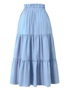浅蓝色褶皱松紧腰度假裙