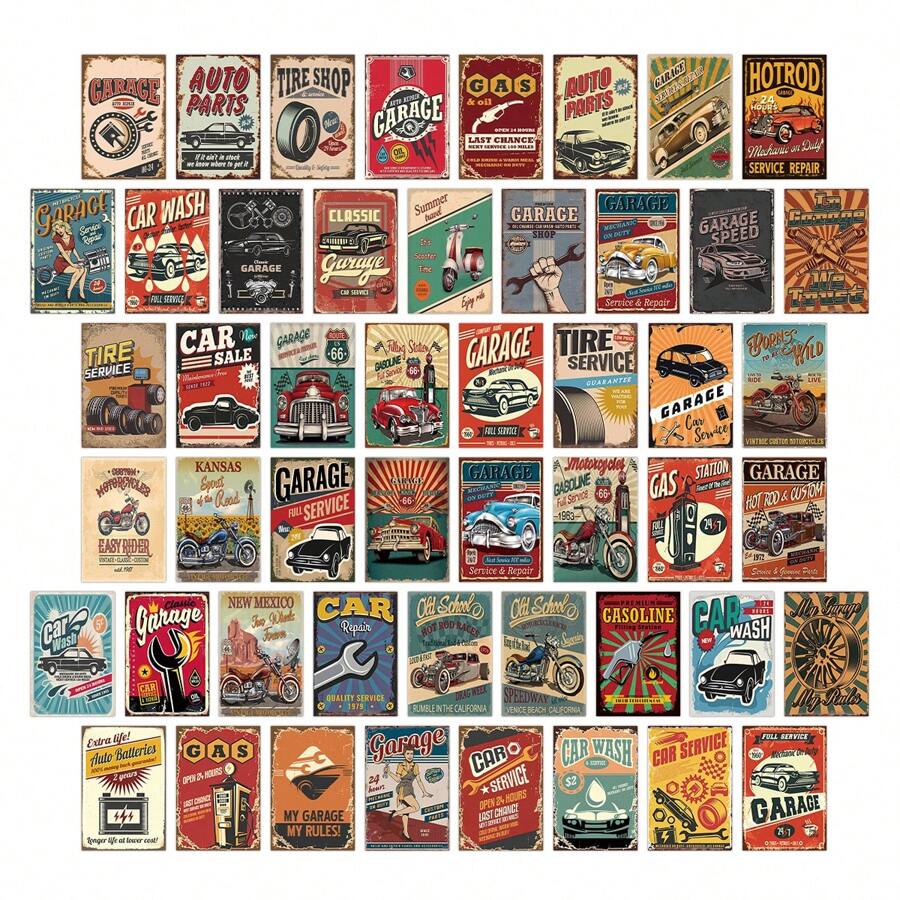 50 件复古工业风格 3.94x5.91 英寸墙面艺术套装 - 汽车美学海报和拼贴套件，适用于复古房间装饰、青少年宿舍和照片展示 - 均碼 - 查看 1