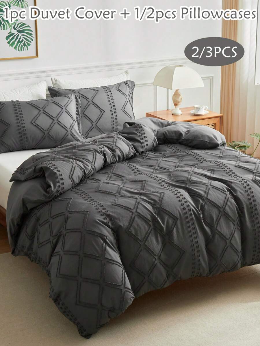 2/3 件深灰色几何条纹图案簇绒纹理涤纶羽绒被套，波西米亚风破旧别致床上用品套装，适合所有季节使用大号床（1 个羽绒被套 + 1/2 个枕套）