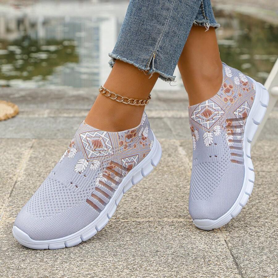 New Women Knitted Sneakers, Soft Sole Mesh Breathable Anti-Odor Lightweight Low-Top Casual Athletic Shoes, Fashionable Hollow-Out Design - Grey - View 1