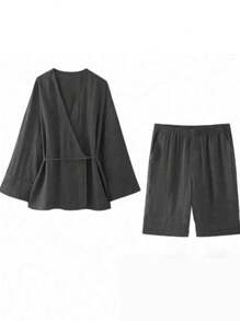 2pcs Women New Lace-Up Long Sleeve Top And Shorts Set - Black - View 5