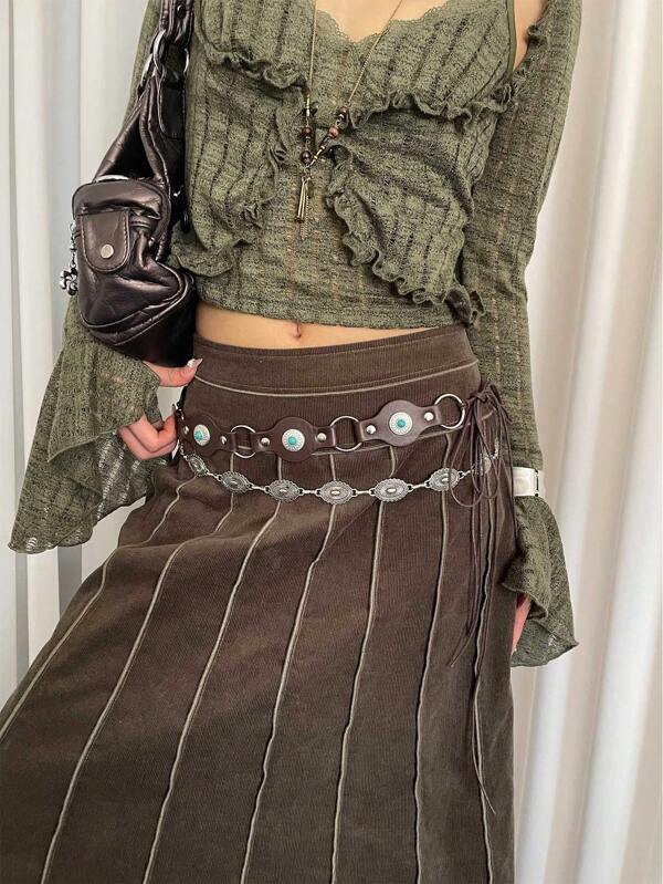 2pcs Coffee-Color & Silver Women's PU Leather With Alloy Gemstone Combination Minimalist Bohemian Belt/Waist Chain