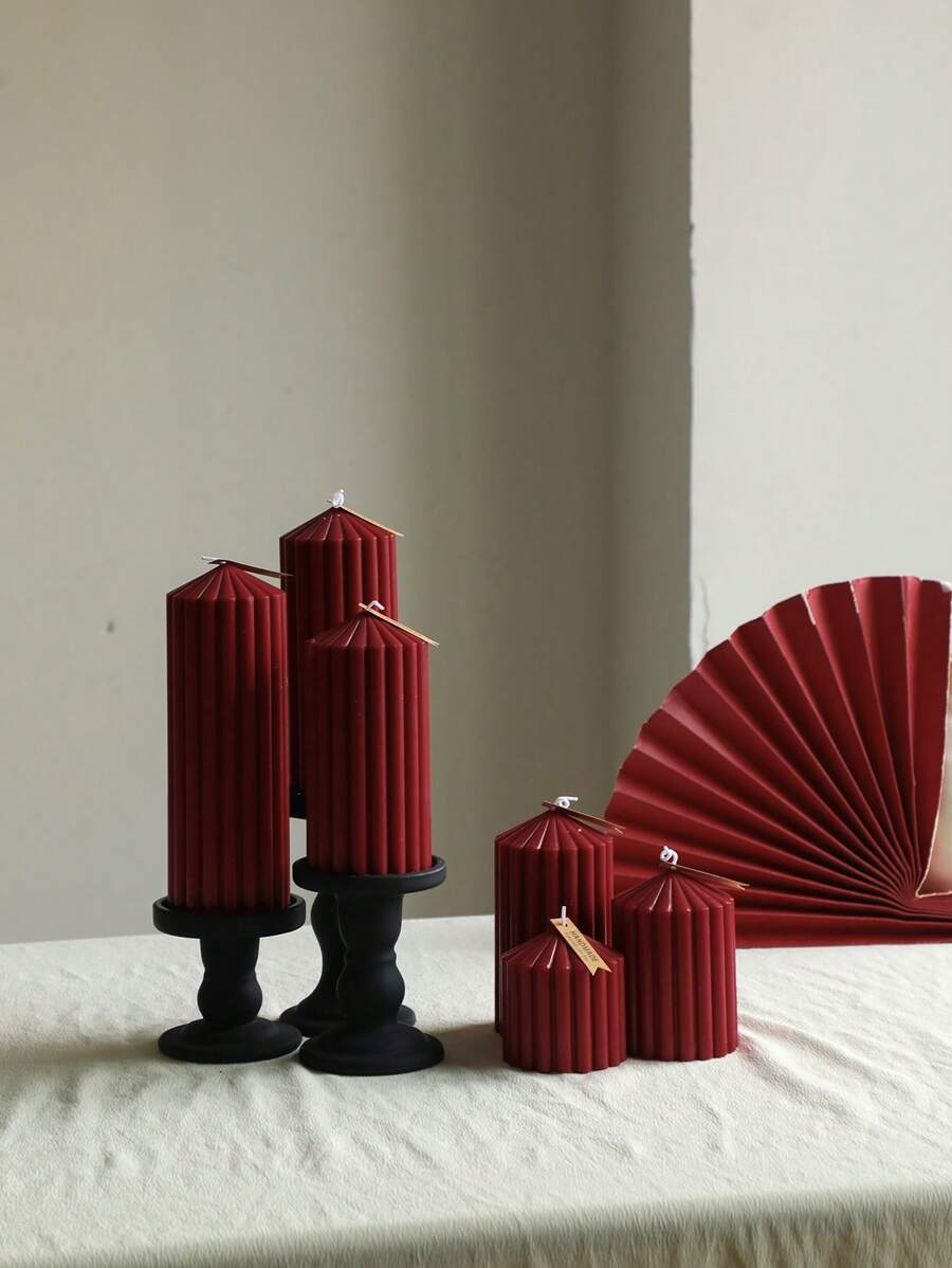 北欧简约几何尖锥条纹圆柱香薰蜡烛、家居装饰、婚礼道具 - 酒紅色 - 查看 1