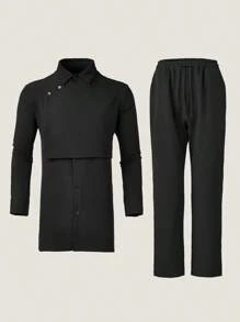 2pcs/Set Men's Black Dashiki, Unique Patchwork Design, Button, Long Sleeve, Lapel, Elastic Waist Pants, African Clothing, Men's Casual Shirt & Pants Set, New Collection For All Seasons, Street Style, Party, Date, Wedding, Cultural Events, Traditional Ceremonies - View 2