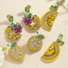 6 peças Brincos de frutas em liga de óleo de limão com strass, adequados para mulheres no dia a dia e nas férias de verão - Multicolorido - Ver 1
