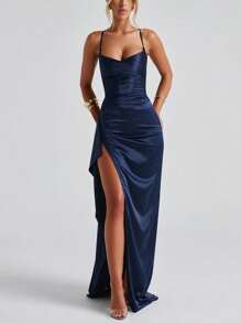 Elegant Sexy Satin Ruffle Trim Waist Party Dress, Bridesmaid Dress, Formal Gown