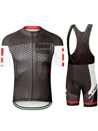 2pcs Summer Men's Cycling Jersey Set ,BIB Short Sleeve Zip-Up Cycling Jersey + Color Blocked Shorts With 9D Padded Cycling Kits