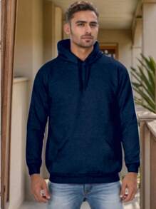 Men's Sweatshirts Plain Flannel Kangaroo Top Cold Hooded - 藏蓝色 - 查看 4