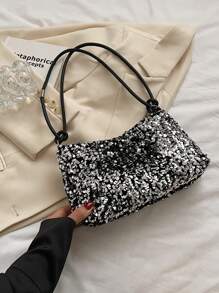 1 件银色亮片顺滑拉链休闲纯色手提包，用途广泛，适合女性日常使用 - 銀色 - 查看 5