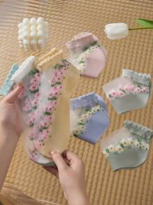 4/7双女士休闲碎花玻璃丝踝袜隐形袜，适合日常生活，随机发货 - 彩色 - 查看 3