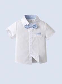 BOARNSEORL Young Boys Gentleman Short Sleeve Set With Collar Shirt, Bowknot And Overalls Shorts, Casual & Comfortable, Stylish For Outing, School, Ceremony, Party, Performance