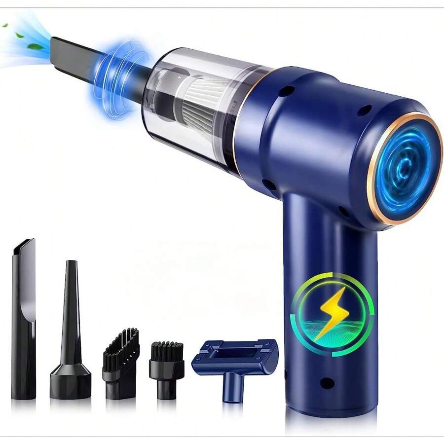 Car Vacuum Cleaner, With 5 Replacement Heads, Mini Handheld Vacuum, Portable Vacuum Cleaner, With LED Light, For Car/Home/Office (Blue) - Blue - View 1