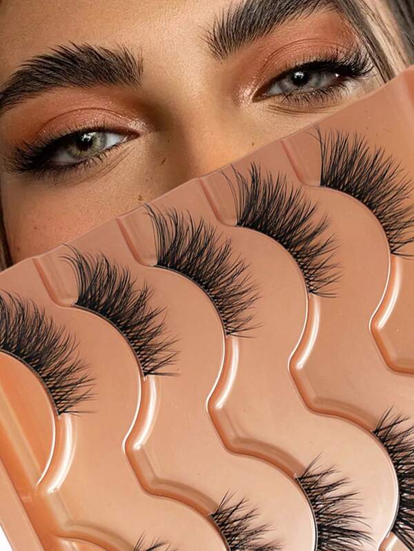 5 Pairs Cat Eye False Eyelashes - Fluffy & Natural Look, C Curl, 13-15mm Half Lashes With Clear Band, Beginner Friendly, Reusable 3D Faux Mink Eyelashes