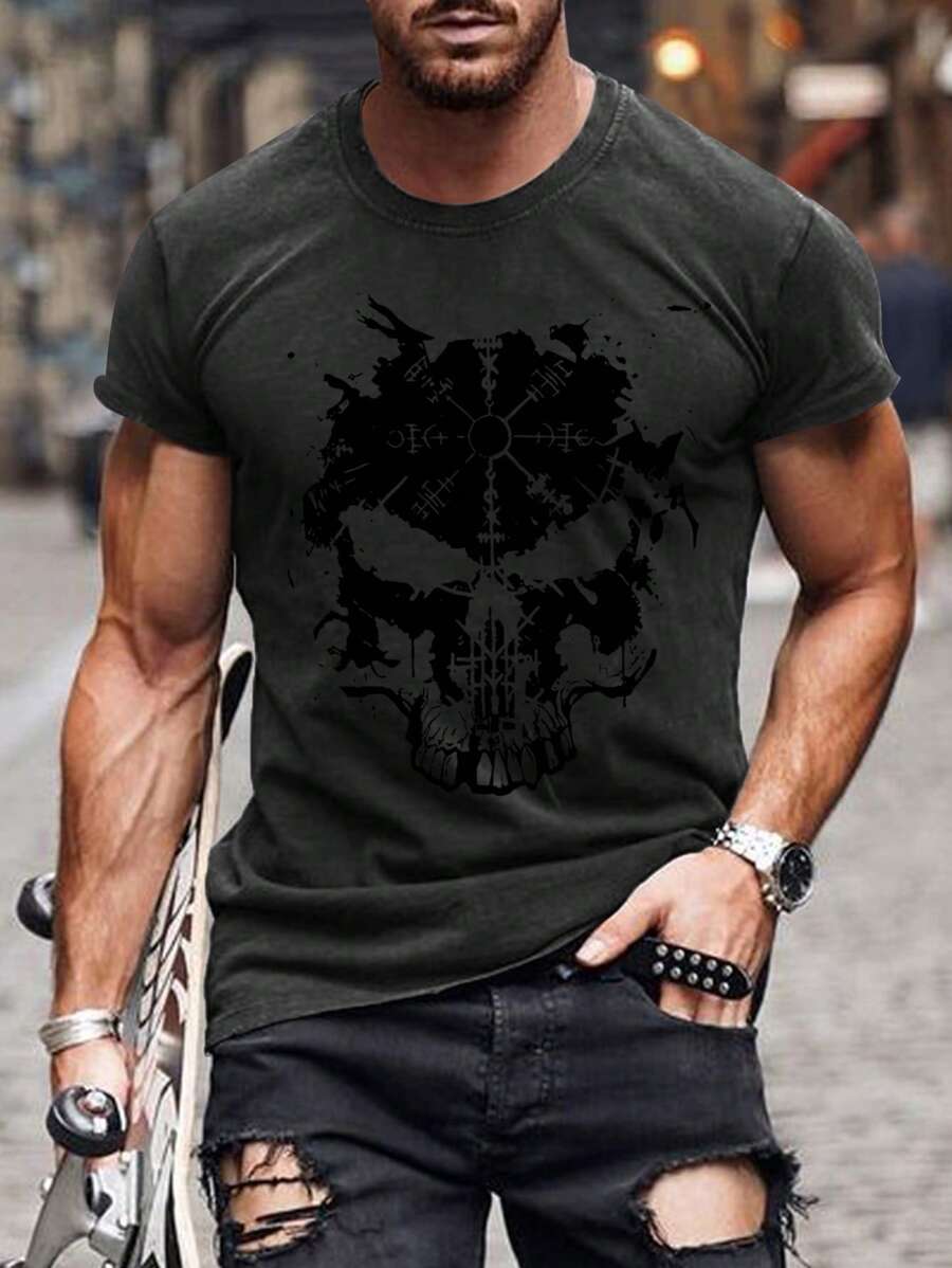 男士时尚骷髅头街头深色印花短袖 T 恤 - 深灰色 - 查看 1