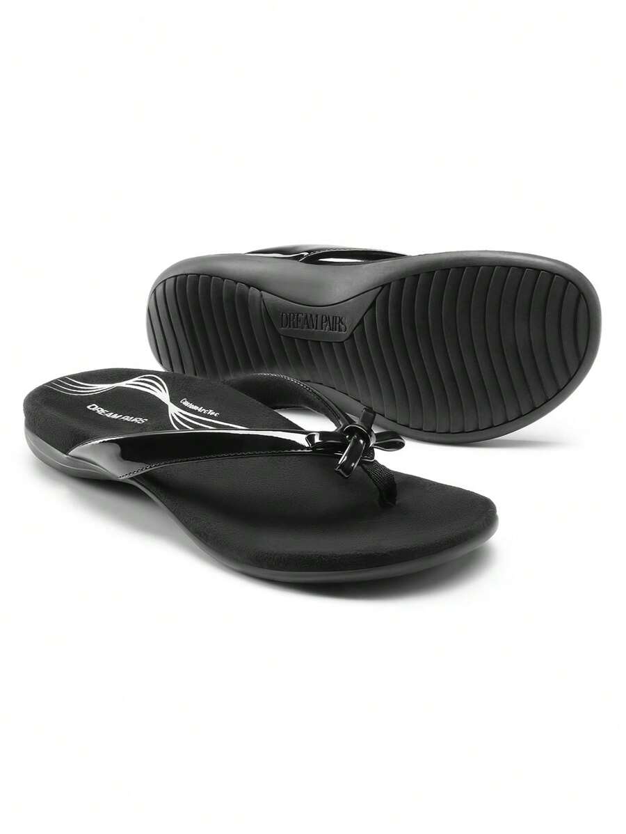 Women's Low Wedge Flip Flops Bow Knot Arch Support Orthopedic Thong Slides Sandals Comfortable Dress Walking Summer Vacation Sandals Shoes - màu đen - Xem 1