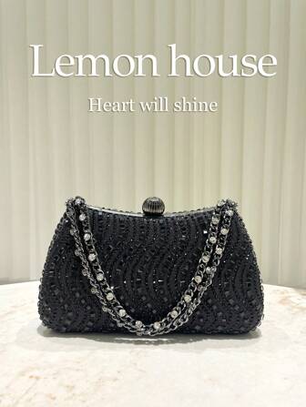 1pc Black Glittering Luxury Crystal Clutch Bag, Elegant Lady Makeup Pouch Box-Type Handbag, Suitable For Evening Party, Wedding, Cocktail Party, Carnival, Gala Dinner For Women