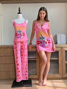 3 pzas Conjunto de pijama de mujer con estampado de dibujos animados Blusa, Vestido de tirantes y Pantalón