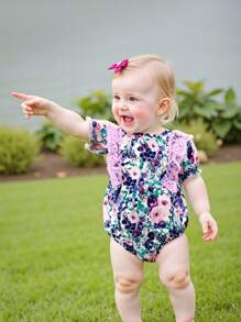 2Pcs Baby Girls Rompers Floral Print Lace Ruffles Round Neck Short Sleeve Infant Bodysuits Jumpsuits - Purple - View 6