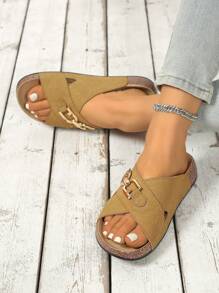 女士时尚百搭铆钉一脚蹬沙滩凉鞋 - 棕色 - 查看 5