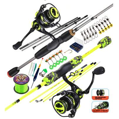 SOUGAYILANG 钓鱼组合套件：5 节玻璃纤维旋转杆和 5.2:1 齿轮比铝制线轴卷轴 - 右/左可互换钓鱼卷轴带钓鱼线钓鱼配件套件（钓鱼线规格和颜色随机）