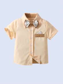 BOARNSEORL Baby Boys Gentleman Style Short Sleeve Shirt With Bow Tie And Suspender Shorts Set, Fashionable And Stylish For Birthday Party, Wedding, Anniversary, 1st Birthday Party