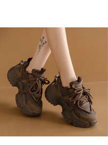 New Platform Thick Bottom Casual Increase Height Women Shoes, Fashion Versatile Mesh Breathable Chunky Sneakers, Leather Patchwork Stylish Personalized Female Student Women Shoes, Miarrayed Style Outdoor Women Shoes - Brown Velvet - View 4